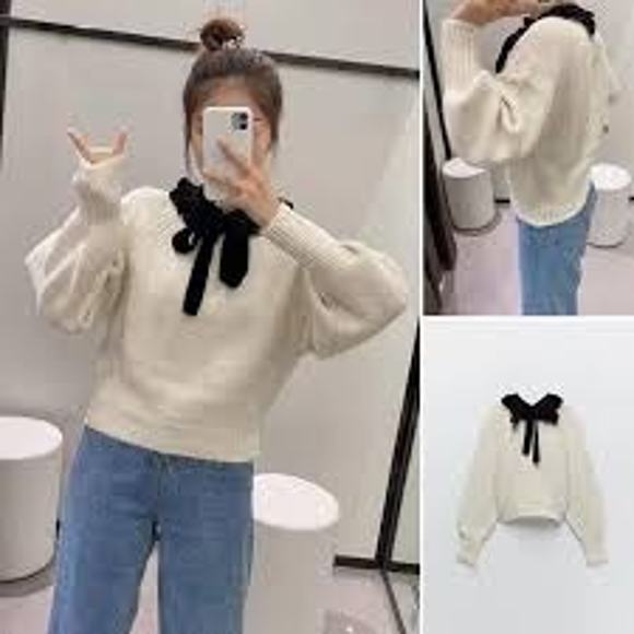Zara White Knit Black Velvet Bow Collar Long Sleeve Pullover Sweater Medium - Picture 4 of 12